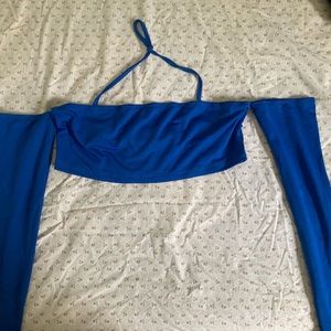 blue halter bandeau with long sleeves